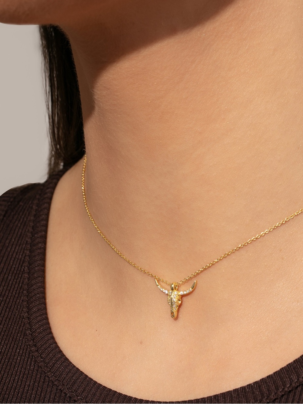 Uncommon James The Fighter Necklace 14K Gold Plated CZ Longhorn Pendant 14” + 2”